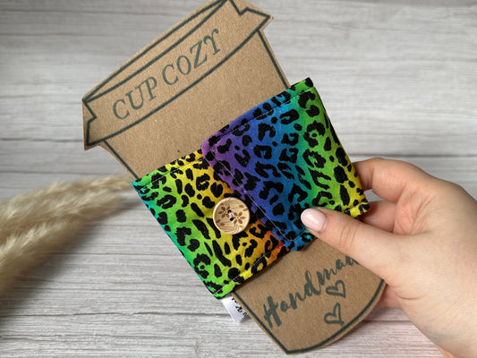 Cotton Reusable Cup Cozy - Rainbow Leopard Print