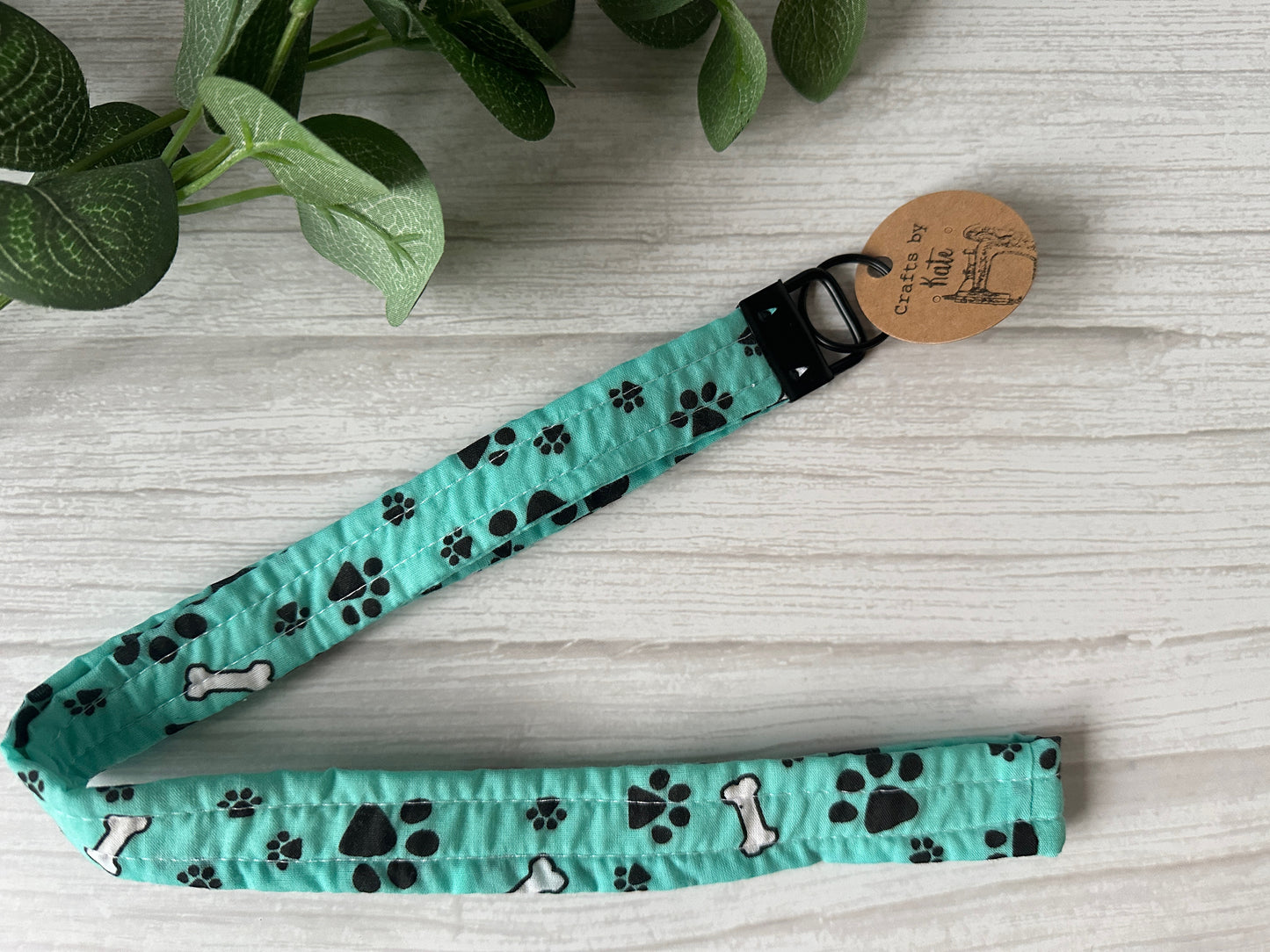 Cotton Lanyard with Metal Fob Keychain - Turquoise Pawprints