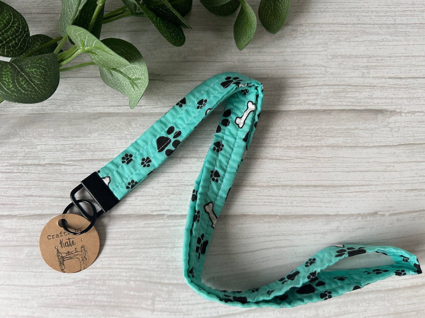 Cotton Lanyard with Metal Fob Keychain - Turquoise Pawprints