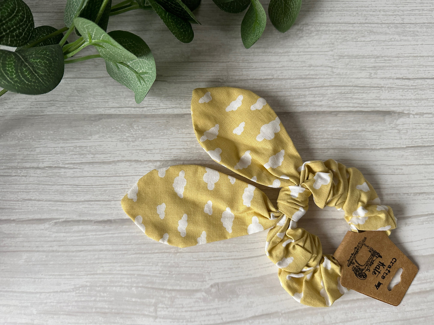 Cotton Scrunchie with tails - Yellow Clouds