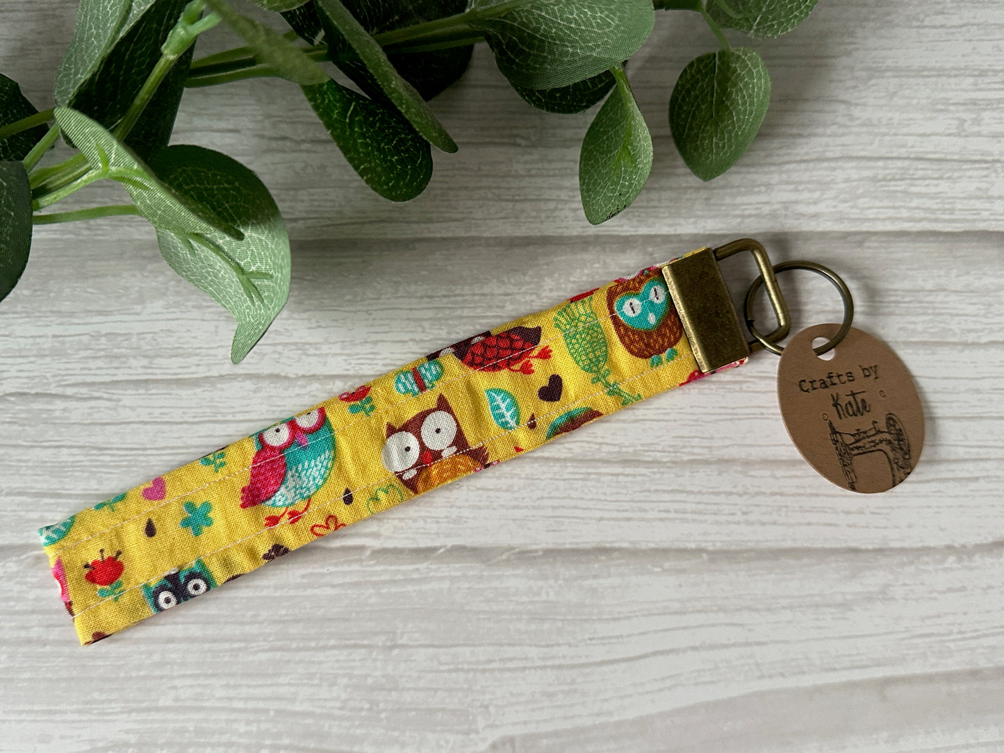 Cotton Wristlet with Metal Fob Keychain - Yellow Owls