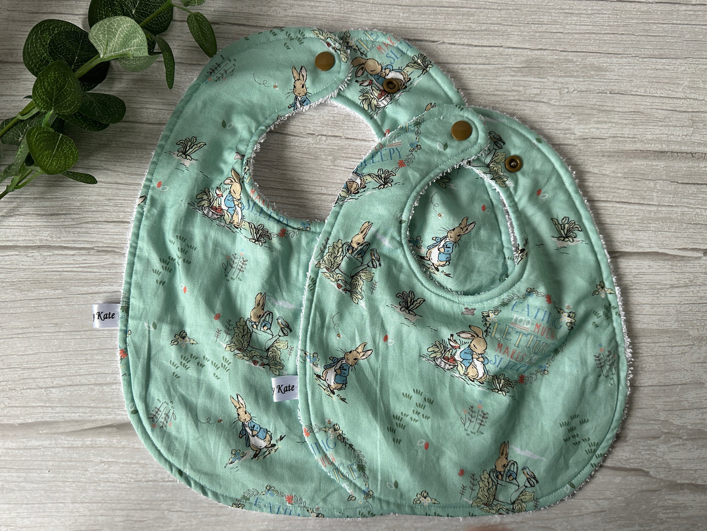 Cotton & Terry Towelling Baby Traditional Bib - Turquoise Spring Peter Rabbit